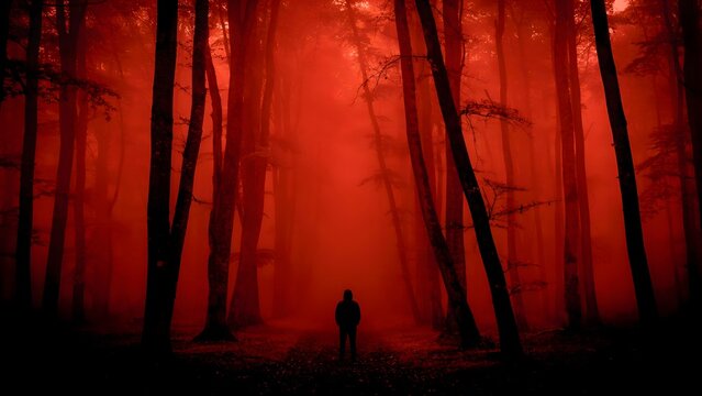 Person standing in a dark red forest. Eerie silhouette in a mysterious foggy woodland.