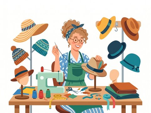 illustration Milliner creating a hat with sewing machine and various hat designs displayed around her workshop