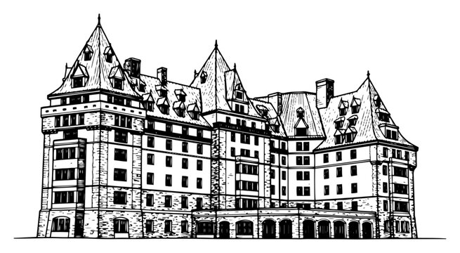 Grand historic hotel building with classic architecture in vintage engraving style
