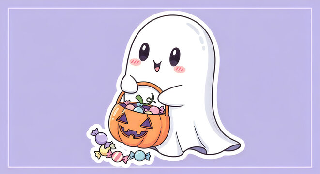 Cute little ghost holding a pumpkin candy bucket for a fun hallowen celebration