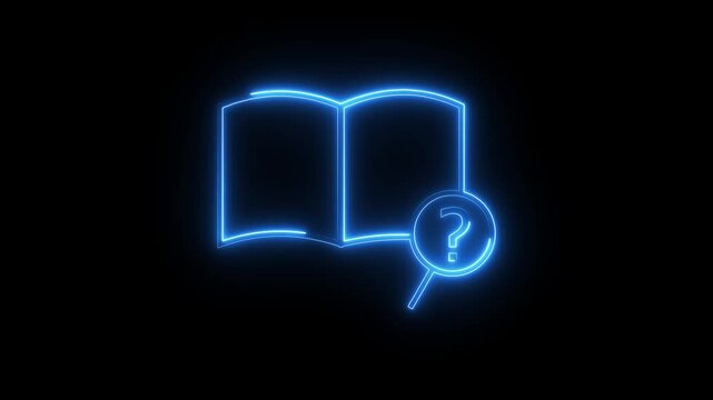 Neon blue outline of open book with glowing question mark symbol digital animation loop.