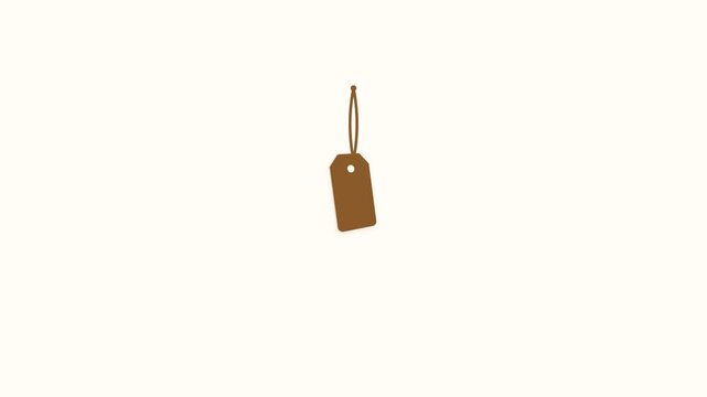 Minimalist hanging price tags rotating against a clean white background.