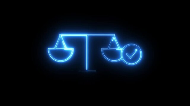Neon balance scale symbol appearing on dark background for legal and justice business apps.