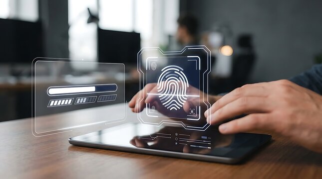 Biometric Security Digital Fingerprint Scan on Modern Tablet with Loading
