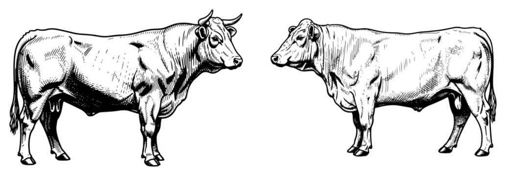Bulls and beef cattle farm animals collection in vintage engraving style