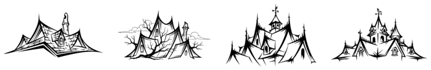 Naklejka premium Haunted house set with crooked roofs and spooky architecture in dark pen sketch style