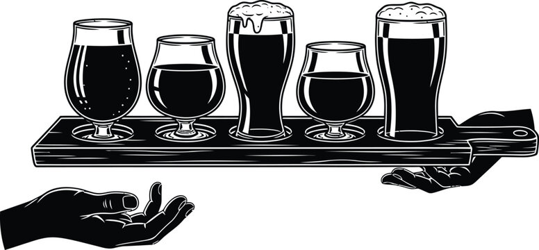 Craft beer flight tasting set on a wooden paddle illustration