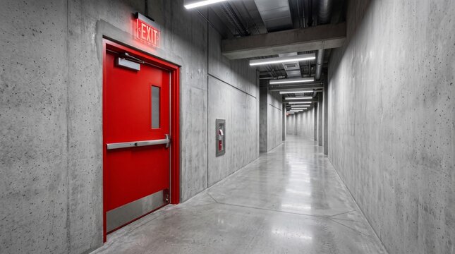 Empty long concrete hallway leading to a bright red emergency exit door in a modern building
