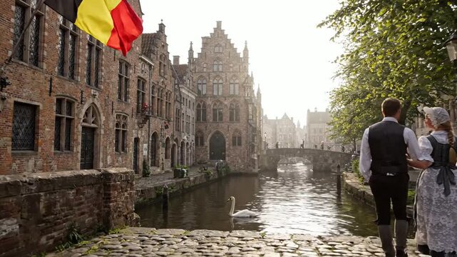 Romantic couple in traditional belgian clothing walking along historic bruges canal with swan and medieval architecture