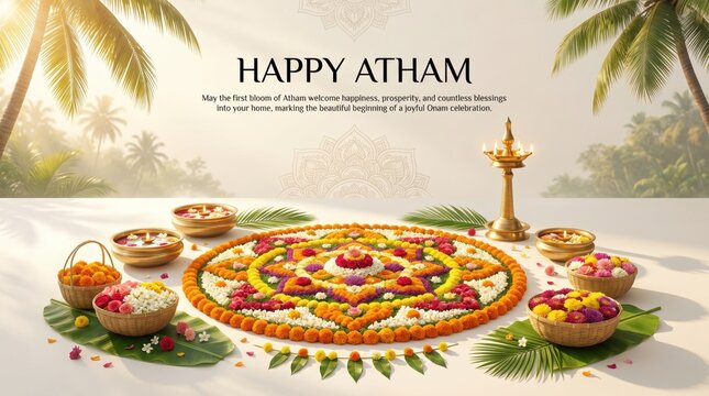 Happy atham greeting with a circular floral pookalam rangoli, brass oil lamp, and woven baskets filled with colorful marigold and jasmine flowers on banana leaves