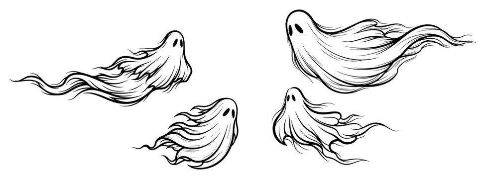 Flying ghost silhouettes with wispy spirit trails in black and white vector style