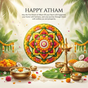 Happy atham greeting with a colorful floral pookalam, brass oil lamp, and tropical palm leaves, celebrating the onam festival with traditional decorations and flowers
