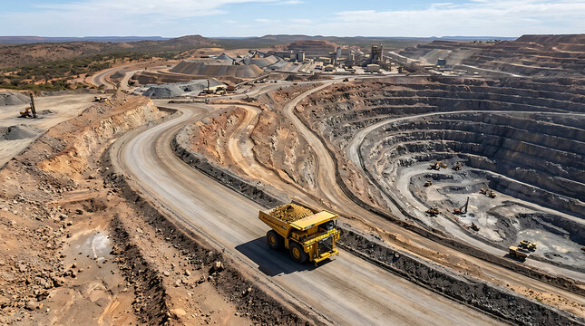 Large yellow mining dump truck in open pit mine.