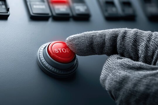 Close-up of a gloved finger pressing a bright red emergency stop button on industrial control panel