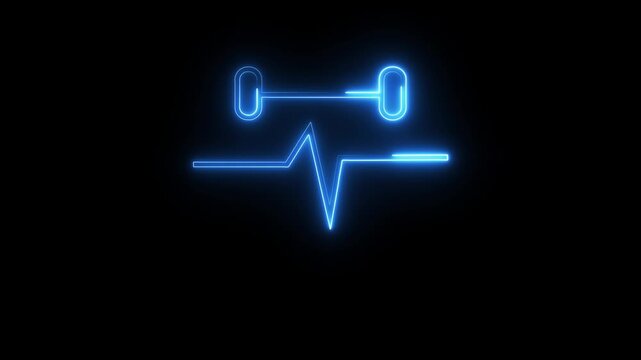 Neon blue heart rate line combined with weightlifting barbell icon animation for fitness.