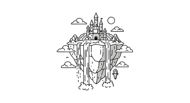 Floating Island Castle Line Art Illustration