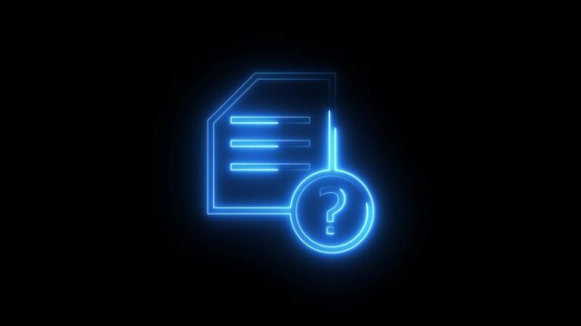 Neon document icon with question mark pulsating light effect on black background animation.