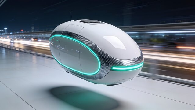 A detailed view of a futuristic white autonomous pod vehicle hovering above a speed track. High resolution digital render ideal for technology and transportation themes.