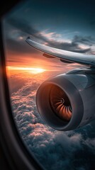 Obraz premium Airplane engine and wing visible through window during breathtaking sunset flight over clouds