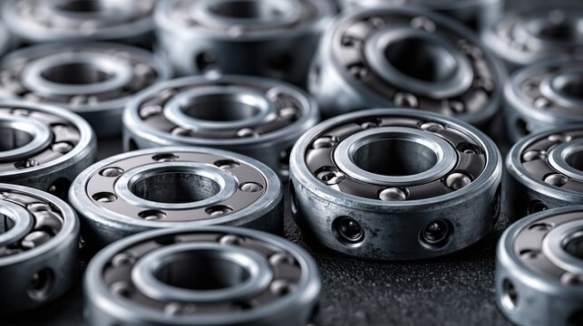 Close-up of numerous ball bearings with metal spheres arranged on a textured dark surface