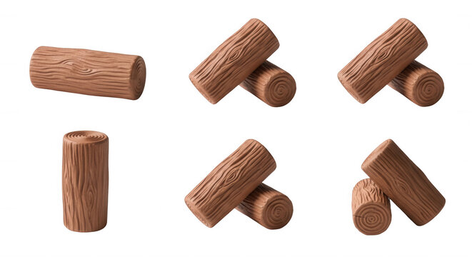 different views of brown wooden log shaped objects on a white background useful for forestry or building materials