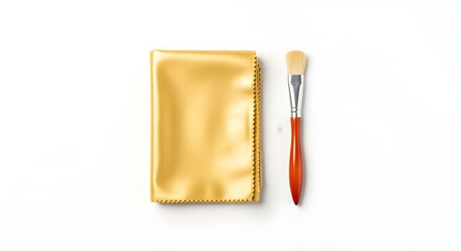 A clearer, modern reinterpretation of jewelry polishing tools gold polishing cloth and brush neatly arranged, minimalist luxury setup on white, styled for visual appeal.