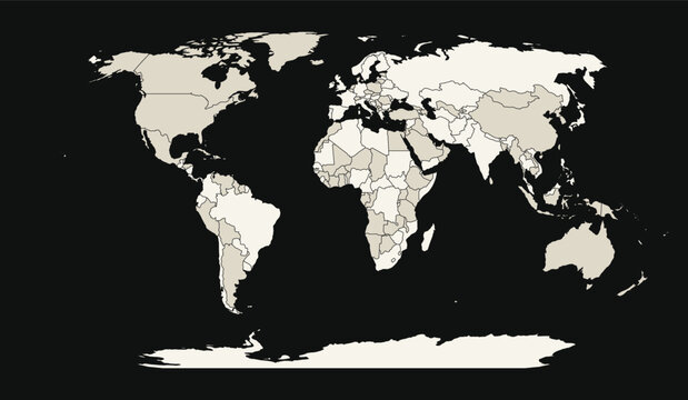 Minimalist world map illustration with soft beige continents on dark background.