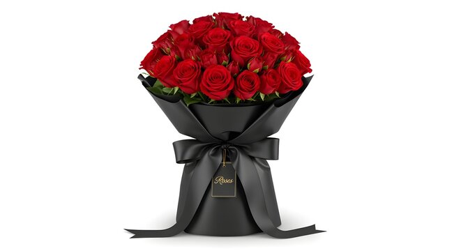 Luxury rose bouquet single or group of red roses wrapped elegantly, luxury presentation isolated on white.