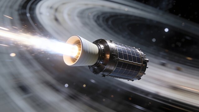 Futuristic space probe thruster firing high speed particle beam near planetary rings. Perfect for space exploration propulsion systems aerospace astronomy and sci-fi themes.