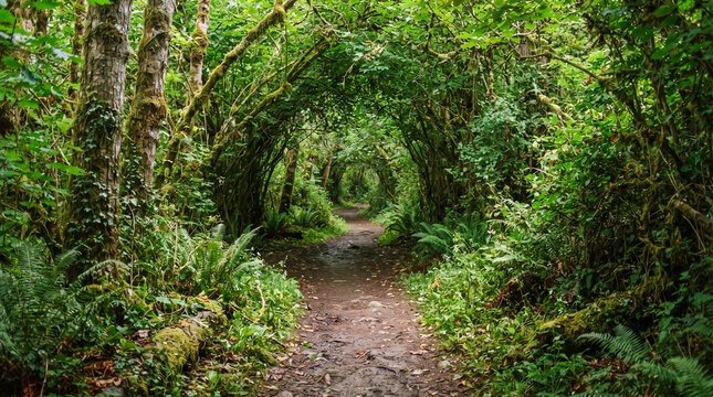Sendero natural rodeado de frondosa vegetaci&oacute;n que forma un t&uacute;nel verde. Un rinc&oacute;n tranquilo y sombreado, ideal para caminar y disfrutar del bosque.