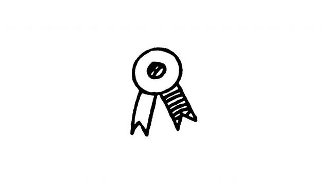 Hand drawn 4K award ribbon rosette doodle animation with boiling line effect. Frame by frame outline on black and green screen backgrounds, perfect for winner medal badge, prize ribbon symbol.