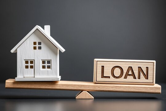 Conceptual image of a house and the word 'loan' on a balance scale, representing housing finance and mortgage decisions