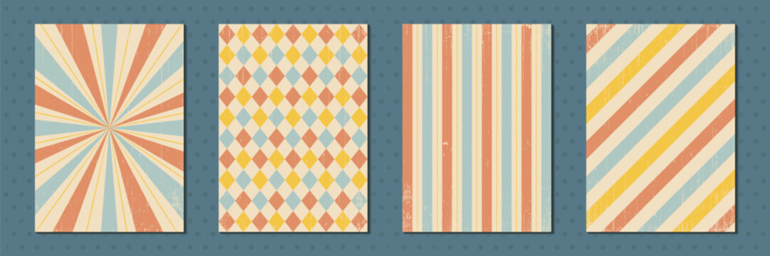 Vintage distressed circus background set, retro pastel sunburst harlequin and striped poster templates