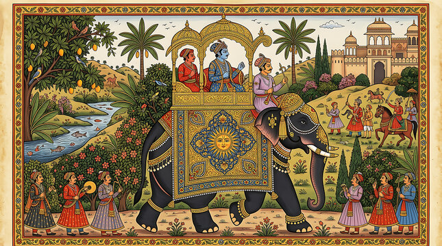 Traditional Indian royal procession with chariot and deities on a decorated platform . Ai Generated