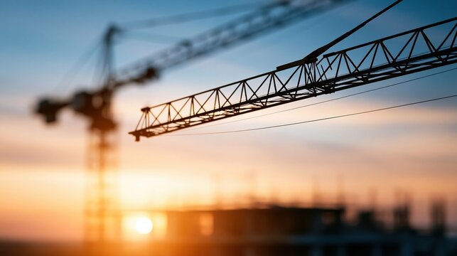 Construction Crane Silhouette Against a Vibrant Sunset Sky, Symbolizing Growth and Development
