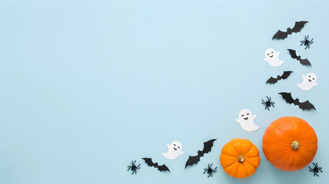 Creative halloween background with orange pumpkins paper ghosts bats and spiders on a light blue flat lay surface