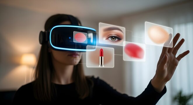 VR headset projecting digital makeup swatches in air.