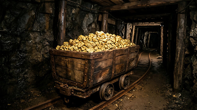 Mining cart filled with gold ore in underground tunnel.