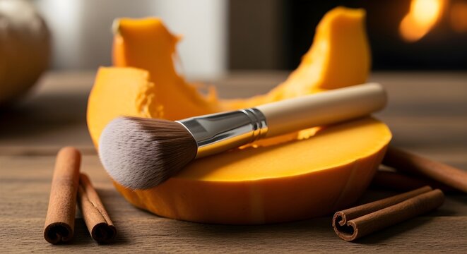 A vivid, atmospheric reinterpretation of blush brush resting on a pumpkin slice with cinnamon sticks, cozy vibe, written with richer detail and modern clarity.
