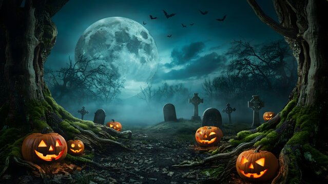 Halloween pumpkin display with spooky graveyard scene. Dark autumn night featuring carved jack-o-lanterns and eerie moonlit cemetery backdrop.