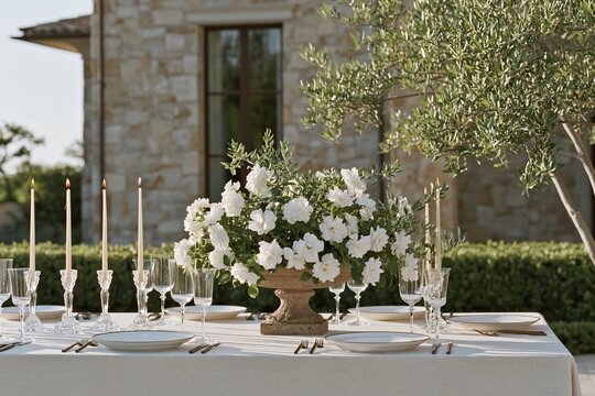 Elegant European estate dining tablescape featuring white flowers, crystal glassware, and candles set against a stone building during golden hour