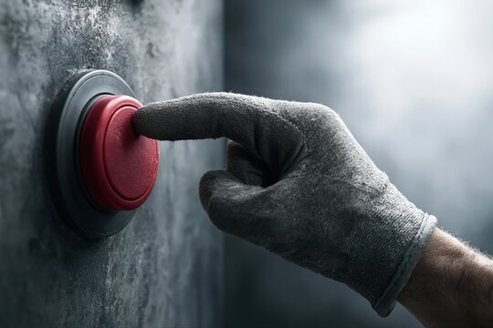 Hand in industrial glove pressing a large red emergency stop button on a textured concrete wall