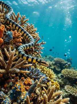 Yellow and black banded sea krait snake swims over colorful coral reef in clear blue ocean water with sunlight filtering down.