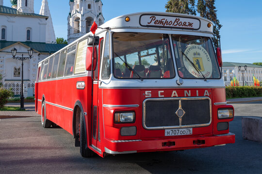YAROSLAVL, RUSSIA - MAY 24, 2024: Retro tourist bus Scania BF80‑59 is close-up on a sunny May day. Yaroslavl, Golden Ring of Russia