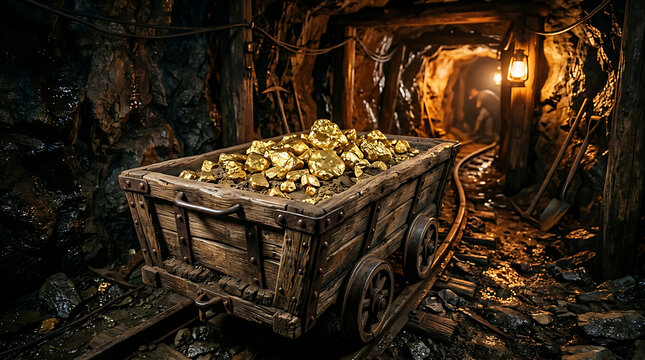 Old mining cart filled with gold nuggets in tunnel.