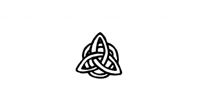 Animated 4K Celtic trinity knot doodle icon. Hand drawn line art on black and green screen chroma key background for Triquetra symbol, Irish heritage knot, traditional Celtic ornament edits.