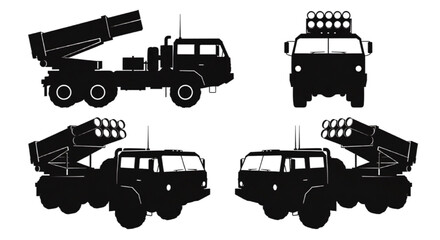 Fototapeta premium Military Rocket Launcher Truck Vector Silhouette Set Various Angles Army Vehicle Icon Collection