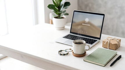 Fototapeta premium Minimalist Home Office Desk with Laptop, Coffee, Plant, and Notebook