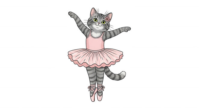 cartoon cat ballerina gracefully dancing in a pink tutu and pointe shoes on a white background childrens books and educational materials