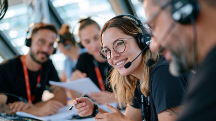 Obraz premium A dubbing studio team of six professionals with headsets and scripts clusters around a soundboard under harsh noon light streaming through skylights, among them a single parent with a visible focus 